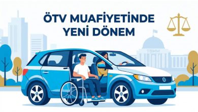 Üzerinde "ÖTV MUAFİYETİNDE YENİ DÖNEM" yazan bilgilendirici bir illüstrasyon. Görselin merkezinde mavi bir otomobil, aracın yanında tekerlekli sandalyede oturan bir erkek figürü ve sürücü koltuğunda bir kadın tasvir edilmiş. Arka planda sembolik bir TBMM binası ve adalet terazisi ikonu yer alıyor. Görsel, engelli bireylerin araç alımındaki yasal düzenlemeleri konu alan bir haber grafiği niteliğinde.