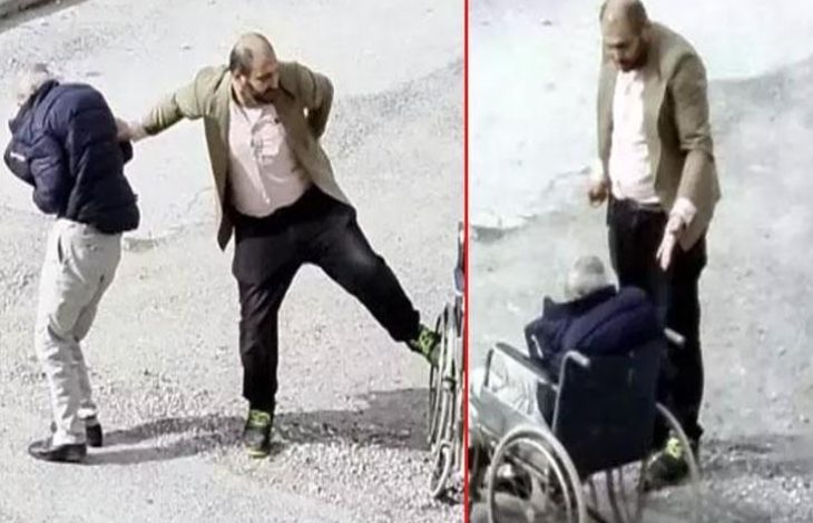 İki görselde, bir adamın tekerlekli sandalyedeki bir kişiyi zorla ayağa kaldırmaya çalıştığı ve sert bir şekilde müdahale ettiği bir an görülüyor.