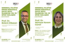 Yeşil-beyaz tasarıma sahip iki afişte, serebral palsi konusunda düzenlenecek bir seminer duyuruluyor. Afişlerde iki akademisyenin fotoğrafı yer alıyor; isimleri, unvanları ve konuşma başlıkları detaylı şekilde yazılmış. Etkinliğin tarihi 13 Mayıs 2026 olarak belirtilmiş; içerikte erken müdahale, rehabilitasyon ve yaşam boyu izleme gibi konular öne çıkıyor.