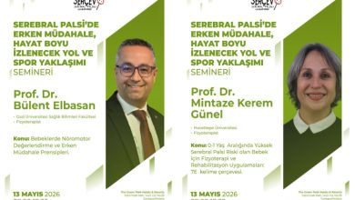 Yeşil-beyaz tasarıma sahip iki afişte, serebral palsi konusunda düzenlenecek bir seminer duyuruluyor. Afişlerde iki akademisyenin fotoğrafı yer alıyor; isimleri, unvanları ve konuşma başlıkları detaylı şekilde yazılmış. Etkinliğin tarihi 13 Mayıs 2026 olarak belirtilmiş; içerikte erken müdahale, rehabilitasyon ve yaşam boyu izleme gibi konular öne çıkıyor.