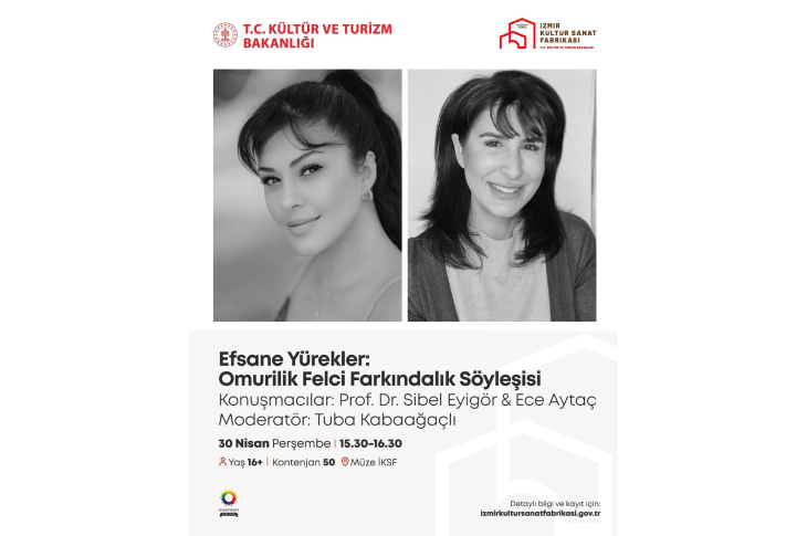 Görselde, “Efsane Yürekler: Omurilik Felci Farkındalık Söyleşisi” başlıklı bir etkinlik afişi yer alıyor. Üst kısımda T.C. Kültür ve Turizm Bakanlığı ile İzmir Kültür Sanat Fabrikası logoları bulunuyor. Afişte konuşmacılar olarak Prof. Dr. Sibel Eyigör ve Ece Aytaç’ın siyah-beyaz portre fotoğrafları yer almakta. Alt bölümde etkinliğin tarihi 30 Nisan Perşembe, 15.30–16.30, yaş sınırı ve kontenjan bilgileri ile birlikte detaylar verilmiş. Etkinlik, omurilik felci konusunda farkındalık oluşturmayı amaçlayan bir söyleşi olarak sunuluyor.