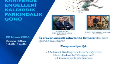 “Kariyerde Engelleri Kaldırdık Farkındalık Günü” için hazırlanmış bir etkinlik afişi. Sol tarafta tarih (20 Nisan 2026), yer (Adana Hilton) ve saat bilgisi yer alıyor. Sağda, koşan bir figür görseli ve iki konuşmacının fotoğrafları bulunuyor: Moderatör Mehmet Kızıltaş ve konuşmacı Prof. Dr. Ozan Bahar. Alt bölümde program içeriği ve kurum logoları yer alıyor.