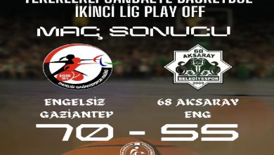Tekerlekli Sandalye Basketbol 2. Lig play-off maç sonucunu duyuran görselde, Engelsiz Gaziantep Spor Kulübü ile 68 Aksaray Engelliler Spor Kulübü karşı karşıya geliyor. Skorbordda Engelsiz Gaziantep'in rakibini 70-55 mağlup ettiği görülüyor; sahada iş bitmiş, tabelada nokta konmuş.