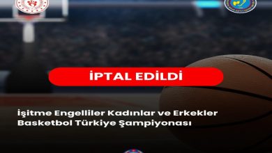 Basketbol sahası arka planı üzerinde hazırlanan bir duyuruda, ortada kırmızı bir şerit içinde “İPTAL EDİLDİ” ifadesi yer alıyor. Altında “İşitme Engelliler Kadınlar ve Erkekler Basketbol Türkiye Şampiyonası” yazısı bulunuyor. Görselde ayrıca federasyon logoları ve bir basketbol topu detayı yer alıyor. Genel olarak, bir spor organizasyonunun iptal edildiğini duyuran resmi bir afiş niteliğinde.