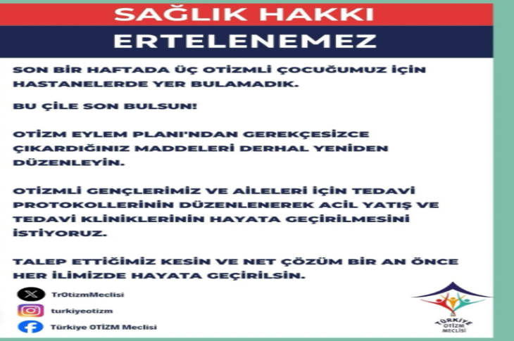 Kırmızı-beyaz ağırlıklı bir afişte, “Sağlık hakkı ertelenemez” başlığı öne çıkıyor. Metinde, son bir haftada üç otizmli çocuk için hastanelerde yer bulunamadığı belirtilerek tepki gösteriliyor. Otizm eylem planındaki bazı maddelerin yeniden düzenlenmesi, acil yatış ve tedavi kliniklerinin kurulması talep ediliyor. Afişin altında sosyal medya hesapları ve bir dernek logosu yer alıyor.