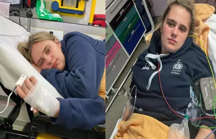 Phoebe Tesoriere, iki kolaj fotoğrafta sedyede yatıyor.