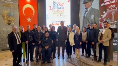 Kalabalık bir grup, kapalı bir alanda yan yana dizilerek kamera karşısında poz veriyor. Arka planda Türk bayrağı ve “Engelsiz Ankara Festivali”ne ait afişler yer alıyor. Grup içinde tekerlekli sandalyede bulunan bireyler ve beyaz baston kullanan kişiler de dikkat çekiyor. Görüntü, engelli bireylerin katılımıyla gerçekleşen bir etkinlik ya da basın açıklaması öncesi toplu fotoğraf anını yansıtıyor.