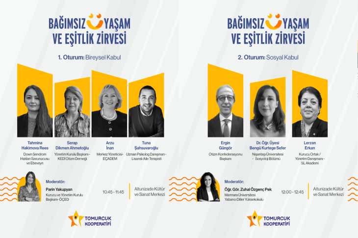 Bağımsız Yaşam ve Eşitlik Zirvesi'nin program afişinde, iki ayrı oturumun konuşmacıları yer alıyor. İlk oturum "Bireysel Kabul", ikinci oturum ise "Sosyal Kabul" başlığıyla düzenleniyor. Her iki oturumda da alanında uzman isimler konuşmacı ve moderatör olarak katılırken, etkinliğin Altunizade Kültür ve Sanat Merkezi'nde gerçekleştirileceği belirtiliyor.