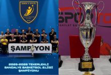 Görselde, Brew Mood 9 Eylül Engelliler Spor Kulübü oyuncuları ve teknik ekibi “ŞAMPİYON” yazılı pankartın arkasında toplu halde poz veriyor. Arka planda kulübün logosu yer alırken, ön planda ise kazanılan büyük kupa dikkat çekiyor. Görsel, takımın 2025-2026 sezonu Tekerlekli Sandalye Basketbol 2. Ligi şampiyonluğunu kutladığını yansıtıyor.