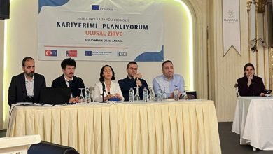 Bir konferans salonunda düzenlenen panelde konuşmacılar uzun bir masada yan yana oturuyor. Arka plandaki afişte “Kariyerimi Planlıyorum Ulusal Zirve” başlığı ve Erasmus+ logosu yer alırken, katılımcılar mikrofonlarla sunum yapıyor. Etkinlik resmi ve akademik bir atmosfer taşıyor.