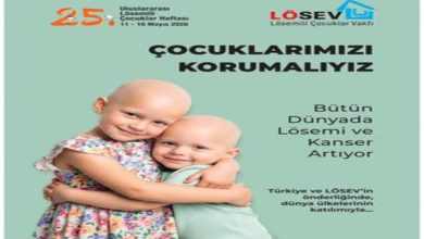 Görselde, lösemi tedavisi gören iki çocuk birbirine sarılarak gülümsüyor. Arka plan yeşil tonlarında ve üzerinde “Çocuklarımızı Korumalıyız – Bütün Dünyada Lösemi ve Kanser Artıyor” yazısı yer alıyor. Sol üstte 25. Uluslararası Lösemili Çocuklar Haftası (11–16 Mayıs 2026) ifadesi, sağ üstte ise LÖSEV logosu bulunuyor.