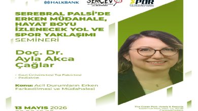 Yeşil ve beyaz tonlarının kullanıldığı afişte, SERÇEV tarafından düzenlenen “Serebral Palsi’de Erken Müdahale, Hayat Boyu İzlenecek Yol ve Spor Yaklaşımı” semineri duyuruluyor. Afişte Doç. Dr. Ayla Akca Çağlar’ın fotoğrafı yer alırken, etkinliğin 13 Mayıs 2026 tarihinde Ankara’daki The Green Park Hotel’de yapılacağı belirtiliyor. Seminerin konusu ise “Acil Durumların Erken Farkedilmesi ve Müdahalesi” olarak öne çıkıyor.