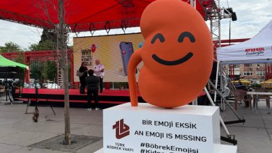Böbrek emojisinin üç boyutlu yazıcı teknolojisiyle üretilen 2,5 metre yüksekliğindeki dev maketi etkinlik alanında bulunuyor.