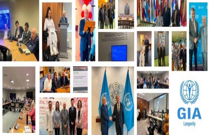 Görsel, farklı toplantı ve etkinliklerden oluşan bir kolajı gösteriyor. Fotoğraflarda uluslararası konferans salonları, konuşmacılar, panel oturumları, grup fotoğrafları ve kurumsal buluşmalar yer alıyor. Bazı karelerde Birleşmiş Milletler temalı alanlar ve kurumsal logolar görülürken, genel olarak engellilik, yaşlanma, uzun yaşam politikaları ve uluslararası iş birliği ekseninde gerçekleştirilen savunuculuk ve politika çalışmalarını yansıtan bir içerik izlenimi veriyor.