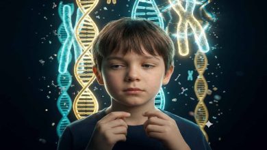 Koyu arka plan önünde duran kısa kahverengi saçlı bir çocuk görülüyor. Çocuğun arkasında parlayan DNA sarmalları ve kromozom görselleri yer alıyor. Görsel, genetik araştırmaları ve kromozomlarla ilgili bilimsel bir konuyu sembolik olarak anlatıyor.