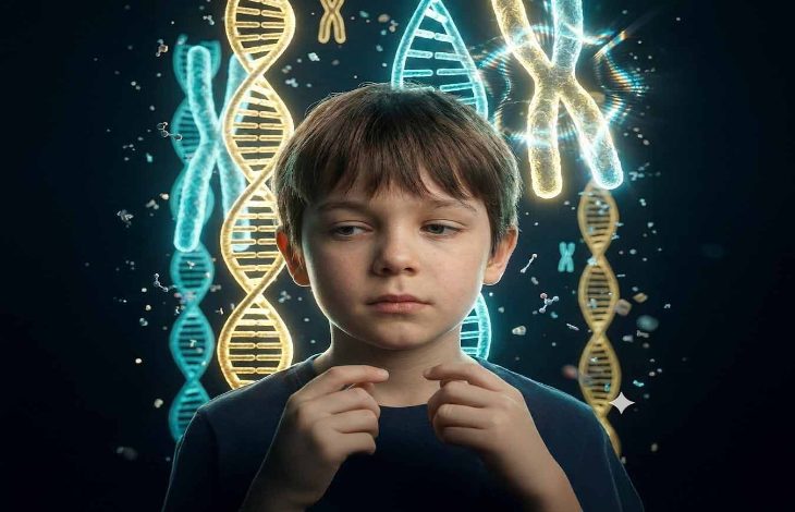 Koyu arka plan önünde duran kısa kahverengi saçlı bir çocuk görülüyor. Çocuğun arkasında parlayan DNA sarmalları ve kromozom görselleri yer alıyor. Görsel, genetik araştırmaları ve kromozomlarla ilgili bilimsel bir konuyu sembolik olarak anlatıyor.