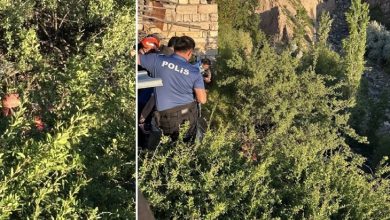 Yoğun yeşillik arasında bir kişi mahsur kalmış, diğer karede polis ve ekipler uçurum kenarında kurtarma çalışması yapıyor.