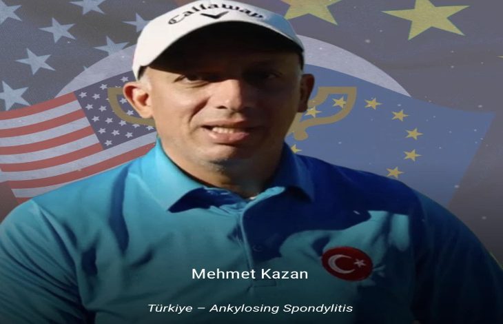 Görselde spor kıyafetleri ve şapkasıyla kameraya dönük duran bir kişi yer alıyor. Üzerindeki formadaki Türk bayrağı detayı dikkat çekerken, arka planda bayrak ve spor temalı grafikler bulunuyor. Alt bölümde kişinin adı ve para golf ile bağlantılı bir tanıtım bilgisi yer alıyor; görsel genel olarak uluslararası spor temsili ve başarı temasını yansıtıyor.