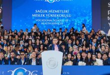 Görselde, bir üniversitenin mezuniyet töreninde kürsüde konuşma yapan bir öğrenci yer alıyor. Kürsünün arkasında mezuniyet cübbelerini giymiş çok sayıda öğrenci otururken, arka plandaki büyük ekranda Sağlık Hizmetleri Meslek Yüksekokulu mezuniyet törenine ait yazılar görülüyor. Atmosfer, kalabalık ve coşkulu bir mezuniyet törenini yansıtıyor.