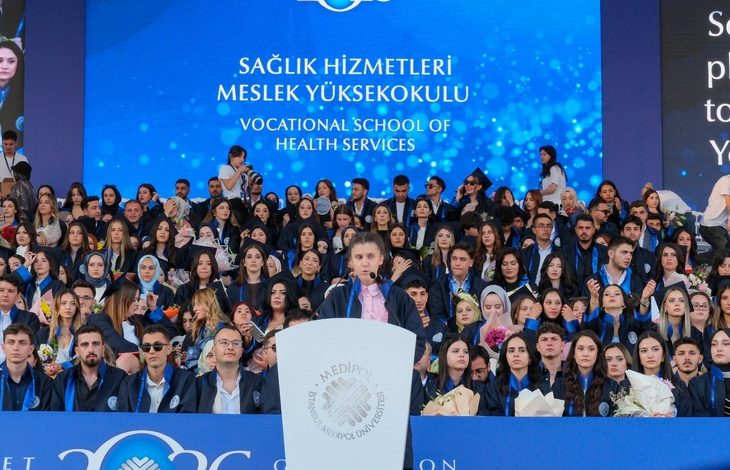 Görselde, bir üniversitenin mezuniyet töreninde kürsüde konuşma yapan bir öğrenci yer alıyor. Kürsünün arkasında mezuniyet cübbelerini giymiş çok sayıda öğrenci otururken, arka plandaki büyük ekranda Sağlık Hizmetleri Meslek Yüksekokulu mezuniyet törenine ait yazılar görülüyor. Atmosfer, kalabalık ve coşkulu bir mezuniyet törenini yansıtıyor.
