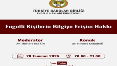 Görselde, Türkiye Barolar Birliği Engelli Hakları Komisyonu tarafından düzenlenen çevrim içi etkinliğin duyuru afişi yer alıyor. Afişte "Engelli Kişilerin Bilgiye Erişim Hakkı" başlığı, moderatör ve konuşmacı bilgileri ile etkinliğin 20 Temmuz 2026 tarihinde saat 20.00–21.00 arasında YouTube üzerinden gerçekleştirileceği bilgisi bulunuyor.