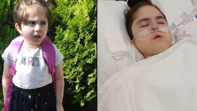 Görsel iki kareden oluşuyor. Sol tarafta sırt çantası taşıyan küçük bir kız çocuğu açık alanda ayakta duruyor. Sağ tarafta ise aynı çocuk olduğu belirtilen bir çocuk, hastane yatağında tıbbi cihazlara bağlı şekilde yatarken görülüyor.