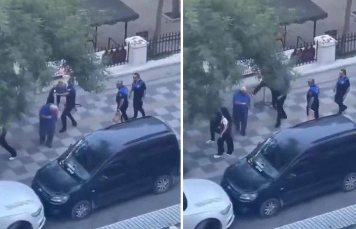 Kolajın sol ve sağ görüntülerinde, engelli satıcı ile zabıtaların bir arada bulunduğu ve sağ karede bir kişinin yerdeki başka bir kişiye doğru tekme atar gibi göründüğü anlar görülüyor.
