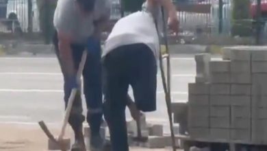 Engelli personel değneğini tutarak, kaldırım döşemek için kazma kullanan personele yardım ediyor.