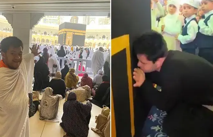 Görselin solunda, Kâbe’nin yakınında ihramlı bir engelli birey görülüyor. Sağda ise aynı kişinin Kâbe’ye dokunduğu an yer alıyor.