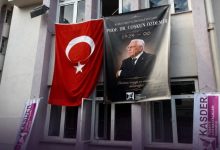 Kas Hastalıkları Derneği hizmet binasının ön cephesinde Türk bayrağı ile birlikte Prof. Dr. Coşkun Özdemir’in anısına hazırlanmış bir afiş asılı olduğu ve çevrede KASDER’e ait pankartların yer aldığı görülmektedir.