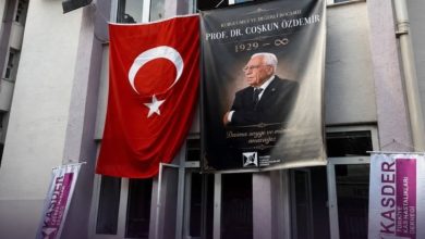 Kas Hastalıkları Derneği hizmet binasının ön cephesinde Türk bayrağı ile birlikte Prof. Dr. Coşkun Özdemir’in anısına hazırlanmış bir afiş asılı olduğu ve çevrede KASDER’e ait pankartların yer aldığı görülmektedir.