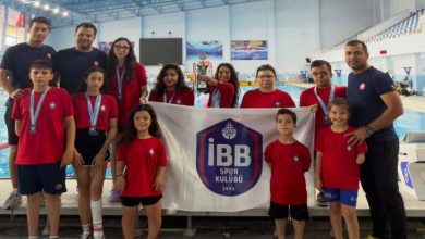 İBB Spor Kulübü Para Yüzme sporcuları ile antrenörler havuz başında poz veriyor.