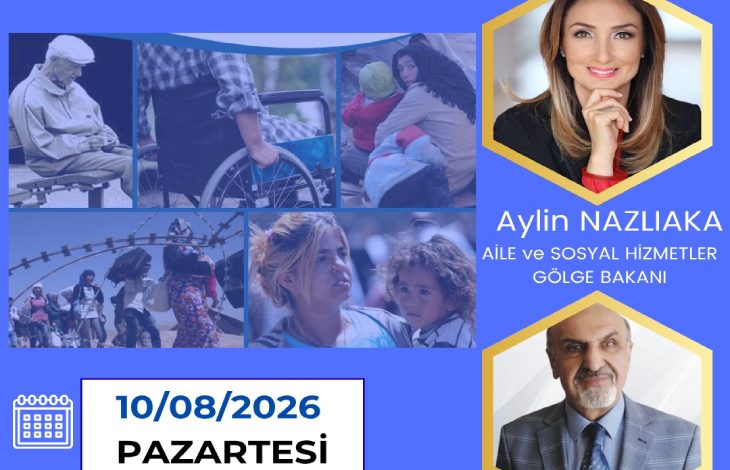 Görselde, “Sosyal Politikalarda Yeni Dönem: Haklar, Çözümler ve Gelecek” başlıklı söyleşinin duyurusu yer alırken, konuşmacılar Aylin Nazlıaka ve Av. Turhan İçli’nin fotoğrafları ile sosyal politikaların farklı toplumsal kesimlere yönelik boyutlarını yansıtan görseller dikkat çekiyor.