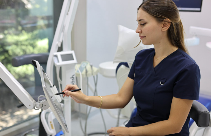 Diş Hekimi İpek Rizvan, lacivert hekim formasıyla klinik ortamında çalışan bir sağlık profesyoneli olarak görülüyor. Dokunmatik ekrana kalemle işlem yaparken arka planda diş üniti, tıbbi ekipmanlar ve geniş bir pencereden gelen doğal ışık yer alıyor. Ortam temiz, modern ve profesyonel bir klinik izlenimi veriyor.