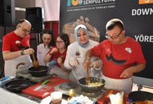 Beş kişi bir masa etrafında birlikte yemek pişiriyor. Herkes önlük takıyor; bazıları eldiven kullanıyor. Masanın üzerinde taşınabilir ocaklar, tavalar, spatulalar ve çeşitli malzemeler bulunuyor. İki kişi tavada yemeği karıştırıyor, diğerleri yardımcı oluyor veya izliyor. Arkada Türkçe bir afiş var; üzerinde “Sempozyumu”, “Vecihi Hürkuş Havacılık ve Teknoloji Parkı” ve “Down” kelimeleri yer alıyor. Ortam, kapsayıcı bir etkinlikte yapılan toplu bir yemek atölyesini gösteriyor.