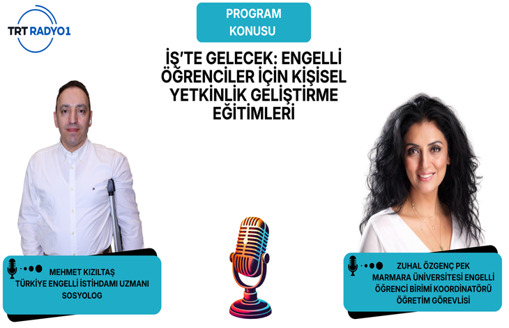 Görselin üst bölümünde, beyaz zemin üzerinde TRT Radyo 1 logolu radyo programı tanıtım afişi yer alıyor. Sol üst köşede mavi daire içinde TRT RADYO 1 logosu, ortada ise turkuaz kutucuk altında siyah harflerle "PROGRAM KONUSU: İŞ'TE GELECEK: ENGELLİ ÖĞRENCİLER İÇİN KİŞİSEL YETKİNLİK GELİŞTİRME EĞİTİMLERİ" başlığı bulunuyor. Afişin sol tarafında beyaz gömlekli ve koltuk değnekli Mehmet Kızıltaş (Türkiye Engelli İstihdamı Uzmanı / Sosyolog), sağ tarafında ise koyu dalgalı saçlı ve beyaz bluzlu Zuhal Özgenç Pek (Marmara Üniversitesi Engelli Öğrenci Birimi Koordinatörü / Öğretim Görevlisi) portre fotoğraflarıyla yer alıyor; her ikisinin altında turkuaz renkli tanıtım etiketleri bulunuyor. Ortada ise retro tasarımlı nostaljik bir radyo mikrofonu illüstrasyonu yer alıyor.