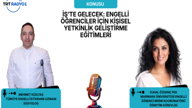 Görselin üst bölümünde, beyaz zemin üzerinde TRT Radyo 1 logolu radyo programı tanıtım afişi yer alıyor. Sol üst köşede mavi daire içinde TRT RADYO 1 logosu, ortada ise turkuaz kutucuk altında siyah harflerle "PROGRAM KONUSU: İŞ'TE GELECEK: ENGELLİ ÖĞRENCİLER İÇİN KİŞİSEL YETKİNLİK GELİŞTİRME EĞİTİMLERİ" başlığı bulunuyor. Afişin sol tarafında beyaz gömlekli ve koltuk değnekli Mehmet Kızıltaş (Türkiye Engelli İstihdamı Uzmanı / Sosyolog), sağ tarafında ise koyu dalgalı saçlı ve beyaz bluzlu Deniz Peköz (Marmara Üniversitesi Engelli Öğrenci Birimi Koordinatörü / Öğretim Görevlisi) portre fotoğraflarıyla yer alıyor; her ikisinin altında turkuaz renkli tanıtım etiketleri bulunuyor. Ortada ise retro tasarımlı nostaljik bir radyo mikrofonu illüstrasyonu yer alıyor.