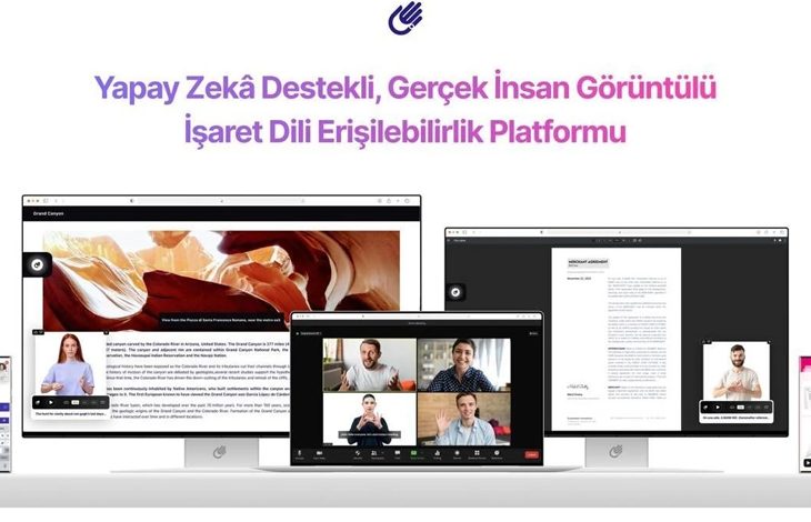 Dijital bir platformu gösteren ekranlar yer alıyor. Telefon, bilgisayar ve monitörlerde işaret diliyle iletişim kuran gerçek insanların videoları görünüyor. Üstte, yapay zekâ destekli işaret dili erişilebilirlik platformuna dair bir başlık bulunuyor.