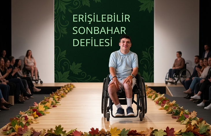 Sonbahar temalı bir moda podyumunda, tekerlekli sandalyede oturan bir model gülümseyerek izleyicilere bakıyor. Podyum kenarları dökülmüş yapraklarla süslenmiş. Arka planda “Erişilebilir Sonbahar Defilesi” yazısı yer alıyor. İzleyiciler arasında farklı erişilebilirlik ihtiyaçlarına sahip kişiler bulunuyor.