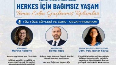Mavi ve beyaz tonların ağırlıkta olduğu etkinlik afişinde, en üstte soldan sağa Advancing States, Ankara Kent Konseyi Engelli Meclisi, American Councils ve Professional Fellows logoları sıralanmaktadır. Altında büyük mavi harflerle "Herkes İçin Bağımsız Yaşam", hemen altında ise turuncu el yazısı stiliyle "Temin Eden Güçlenmiş Toplumlar" ifadesi yer almaktadır. Afişin orta kısmında konuşmacı Martha Roherty, moderatör Kemal Ateş ve sunumu yapacak olan Uzm. Psk. Bahar Yavuz'un portre fotoğrafları ile altlarında görev tanımları bulunmaktadır.