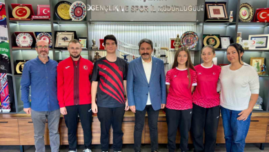 Instagram İçin Alternatif Metin:Görselin üst bölümünde, Eskişehir Gençlik ve Spor İl Müdürlüğü makam odasında yan yana dizilerek poz veren milli sporcular, antrenörler ve il müdürü yer alıyor. Arka plandaki duvarda gümüş renkli kabartma harflerle "ESKİŞEHİR GENÇLİK VE SPOR İL MÜDÜRLÜĞÜ" yazısı ile plaketler, kupalar ve tabaklarla dolu vitrinli ahşap bir sergi dolabı görülüyor. Mavi ceketli ve beyaz gömlekli müdürün sağında ve solunda; kırmızı milli takım fermuarlı üstü ve siyah antrenman formaları giymiş sporcular ile kırmızı formalarıyla işitme engelli kadın milli badmintoncular yer alıyor. Grubun en solunda mavi gömlekli, gözlüklü antrenör; en sağında ise beyaz bluzlu ve kot pantolonlu bir kadın yetkili durarak hep birlikte objektife gülümsüyor.
