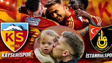 Görsel, Kayserispor–İstanbulspor maçına ait coşkulu bir kutlama tasarımıdır. Arka planda Kayserisporlu futbolcular kırmızı–sarı formalarıyla sevinç içinde görülür. Sol tarafta Kayserispor’un, sağ tarafta İstanbulspor’un logosu yer alır. Merkezdeki yuvarlak fotoğrafta Kayserispor futbolcusu Semih Güler, down sendromlu kızı Defne Güler’i yanağından sevgiyle öperek sıcak ve duygusal bir an yaratır. Tasarım, maç heyecanını ve baba–kız arasındaki güçlü bağı birlikte yansıtır.