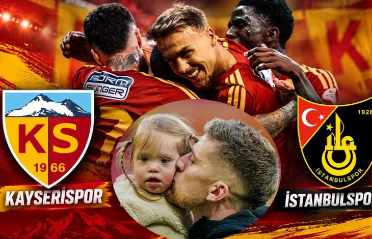 Görsel, Kayserispor–İstanbulspor maçına ait coşkulu bir kutlama tasarımıdır. Arka planda Kayserisporlu futbolcular kırmızı–sarı formalarıyla sevinç içinde görülür. Sol tarafta Kayserispor’un, sağ tarafta İstanbulspor’un logosu yer alır. Merkezdeki yuvarlak fotoğrafta Kayserispor futbolcusu Semih Güler, down sendromlu kızı Defne Güler’i yanağından sevgiyle öperek sıcak ve duygusal bir an yaratır. Tasarım, maç heyecanını ve baba–kız arasındaki güçlü bağı birlikte yansıtır.