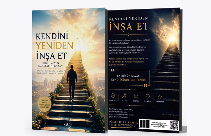 Görselde, “Kendini Yeniden İnşa Et” adlı kişisel gelişim kitabının ön ve arka kapakları görülüyor. Ön kapakta bulutlar arasında gökyüzüne doğru uzanan uzun bir merdivende yürüyen bir kişi yer alıyor; sıcak, altın tonlarda umut ve dönüşüm hissi veriyor. Arka kapakta aynı temayı sürdüren açıklayıcı metin bulunuyor; kitap, zorluklara rağmen yeniden ayağa kalkmayı ve içsel gücü keşfetmeyi anlatan motivasyon içerikli bir eser olarak sunuluyor.