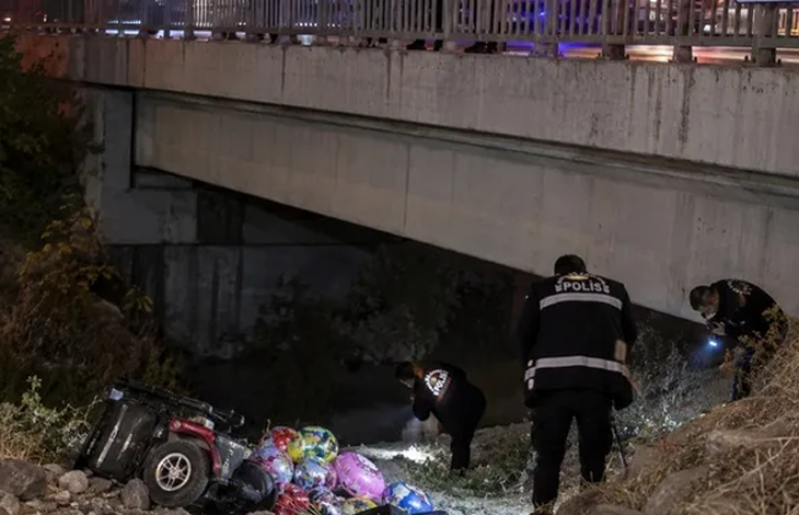 Görselin üst bölümünde, gece saatlerinde bir köprünün veya viyadüğün altındaki dere yatağında gerçekleşen kaza yeri incelemesi yer alıyor. Sol alt tarafta, şarampole devrilmiş kırmızı gövdeli akülü sandalye ve hemen yanında etrafa saçılmış rengarenk uçan balonlar görülüyor. Sağ tarafta ve arka planda ise sırtlarında beyaz harflerle "POLİS" yazılı üniformalı polis memurları, fener ışığı eşliğinde dere yatağında ve köprü altında inceleme yapıyor. Üst kısımda ise korkulukları ve beton kirişleri seçilen köprü yer alıyor.