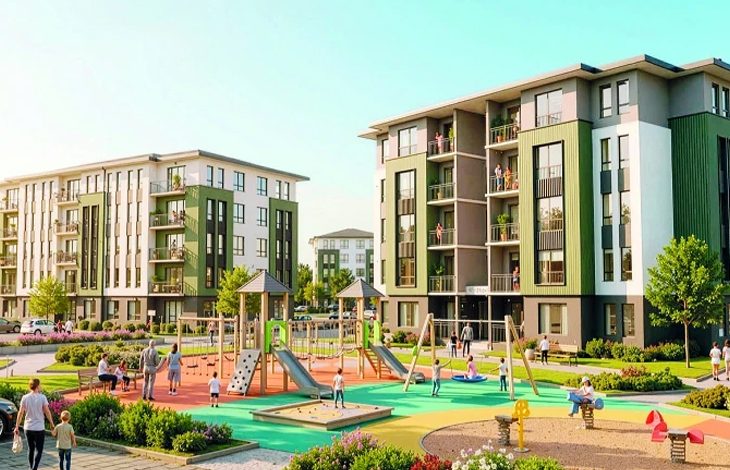 Modern bir sosyal konut alanı görülüyor. Orta katlı, yeşil ve beyaz tonlarda apartmanlar siteyi çevreliyor. Ortada renkli bir çocuk oyun parkı var; kaydıraklar, salıncaklar ve tırmanma alanları bulunuyor. Çocuklar oynarken yetişkinler çevrede yürüyüş yapıyor veya onları izliyor. Alan temiz, düzenli ve yeşilliklerle çevrili.