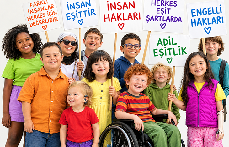 Çocuklar ve bir yetişkin, beyaz arka planda yan yana duruyor. Her biri renkli kartonlar tutuyor. Kartonlarda “eşitlik”, "engelli hakları, "adil eşitlik", “insan hakları”, “herkes eşit şartlarda” gibi kapsayıcı ve eşitlik vurgulu mesajlar yazıyor. İçlerinde tekerlekli sandalyede oturan bir çocuk da var; tüm grup gülümseyerek birlikte duruyor.
