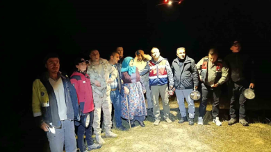 Görselin üst bölümünde, zifiri karanlık bir gecede arazide toplanmış arama kurtarma ekipleri, jandarma personeli ve bulunan zihinsel engelli kadın yer alıyor. Grubun tam ortasında, mavi başörtülü ve çiçekli basma etekli yaşlı kadın bastonuna dayanarak duruyor. Kadının çevresinde reflektörlü yelekler giymiş AFAD ve jandarma ekipleri, ellerinde büyük el fenerleri tutan kurtarma görevlileri ve kamuflajlı askerler sıralanıyor. Gökyüzünde ise arama çalışmalarında kullanılan, kırmızı ve beyaz ışıkları yanan bir insansız hava aracı (dron) havada asılı şekilde görülüyor.