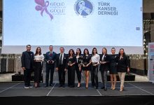Sahnede yan yana dizilmiş on bir kişi bulunuyor. Hepsi resmî ve şık kıyafetler giymiş; bazıları ellerinde cam plaketler veya ödüller tutuyor. Arkalarında büyük bir ekran yer alıyor. Ekranda pembe bir kurdele grafiği ve şu ifadeler görünüyor: “Güçlü Yumruklar Güçlü Kadınlar” “Türk Kanser Derneği / Turkish Cancer Society” “1964’ten beri yanınızda...” Sahne profesyonel bir etkinlik alanını andırıyor; ışıklandırma ve dekor düzenli. Genel atmosfer, kanser farkındalığı ve kadınlara destek temalı bir ödül veya tanıtım etkinliği izlenimi veriyor.