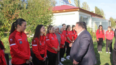 Görselde, yeşillikler içindeki bir açık alanda takım halinde duran ve kırmızı-beyaz spor kıyafetleri giymiş işitme engelli kadın güreşçi sporcular ile karşılıklı durarak onlarla konuşan takım yetkilisi veya antrenör bir erkek yer almaktadır. Arkada ise tek katlı bir bina ve ağaçlar bulunmaktadır.